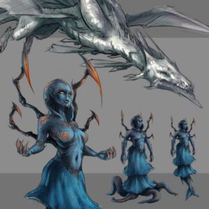 concepts of a dragon and 3 dark fantasy abyssal mermaids