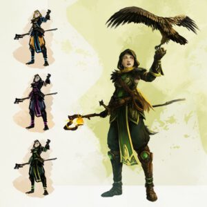 a female falconer with her falcon, fully painted with 3 sketches on the side