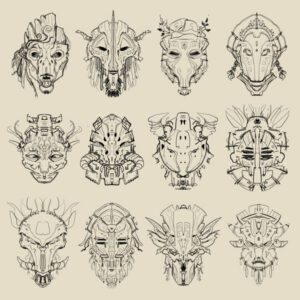 12 fantasy tribal masks in a sketchy line