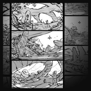 3 landscape illustrations sketched in black and white line