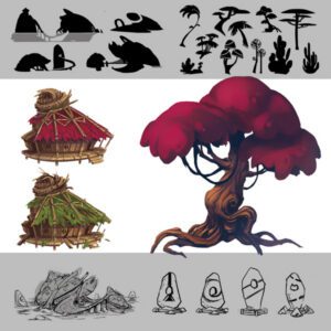 a tree and huts, with silhouettes and researches around