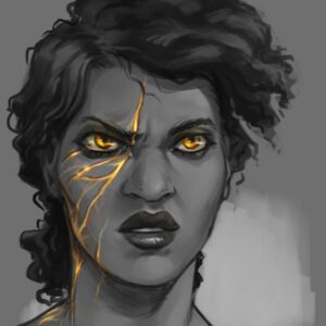Woman portrait with amber eyes and scar