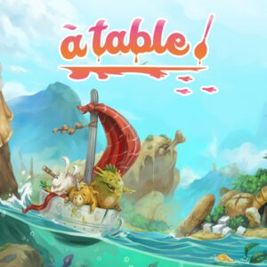 cover illustration for a table : characters sailing between food islands