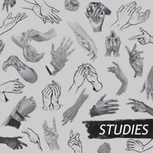 many quick studies of hand with values or line work