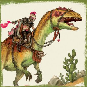 a punk rider on a dinosaur in the desert