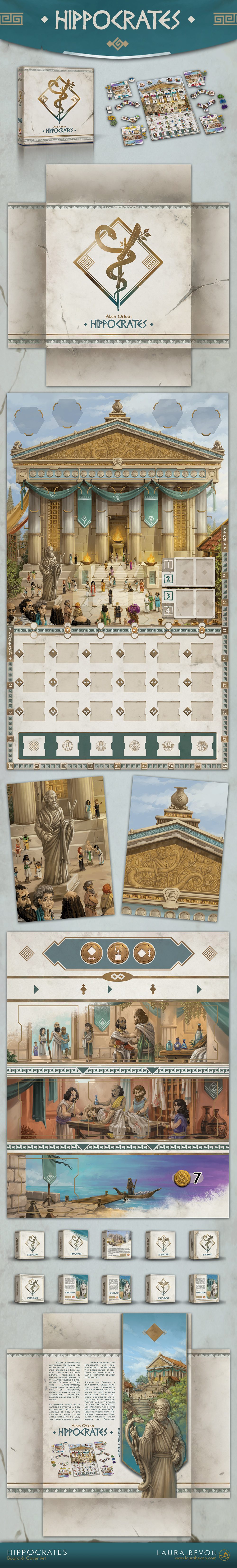 Board Game visuals for Hippocrates: 3D box, cover illustration, player board with antique hospital illustration, and massive board showing a Greek temple.
Signature of Laura Bevon in the bottom right.